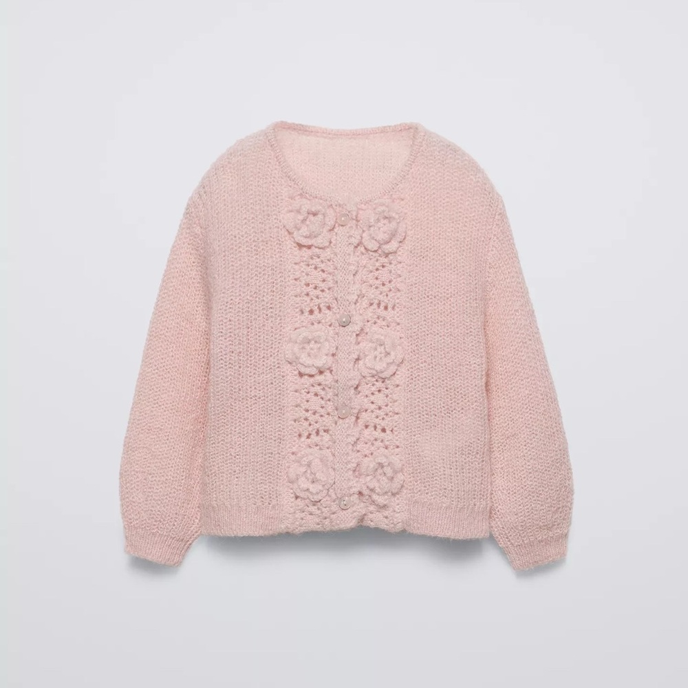 ZARA Pale Pink Crochet Flower Knit Cardigan